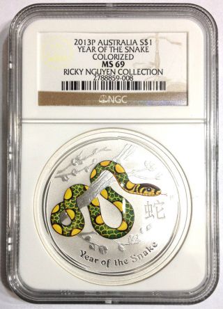 2013p Australia 1oz Silver Year Of The Snake - Colorized - S$1 Ngc - Ms69 - photo
