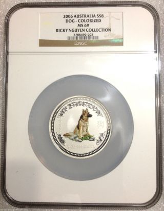 2006 Australia 5 Oz 999 Silver Lunar Year Of The Dog - Colorized $8 Ngc Ms69 photo