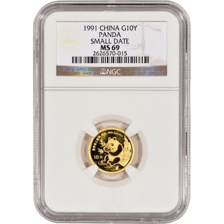 1991 China Gold Panda (1/10 Oz) 10 Yuan (small Date) - Ngc Ms69 photo