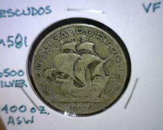1937 Portugal 5 Escudos Coin,  Vf,  Km 581,  Silver photo
