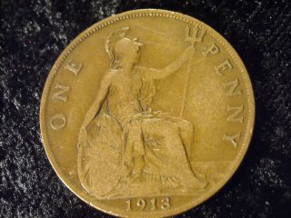 Help Oso Foreign Great Britain 1913 George V Large Penny Antique Copper Coin photo
