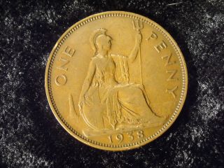 Foreign Great Britain 1938 George Vi Large Penny Antique Copper Coin - Flip photo