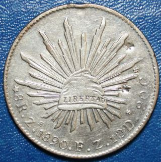 1890 Mexico Zs 8 Reales Zacatecas W/chopmarks Silver Coin photo