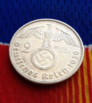Extra Rare 1939 F Wwii 2 Mark Silver German Third Reichsmark Coin 5 Star photo