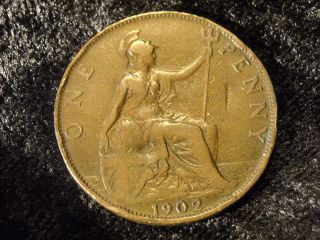 Foreign Great Britain 1902 Edward Vii Large Penny Antique Copper Coin - Flip photo