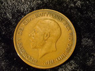 Foreign Great Britain 1936 George V Large Penny Antique Copper Coin - Flip photo