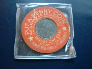 Put - A - Penny People ' S Drug Store Token With 1943 Steel Cent photo