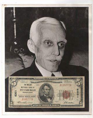 Depression Era U.  S.  Five Dollar Bill From 1929 & A.  Mellon Treasurer Press Photo photo