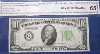 1928b $10 Federal Reserve Note.  Light Green Seal.  Fr - 2002g Cga65 photo