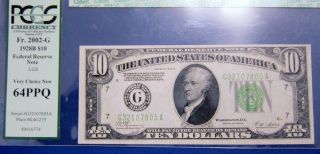 1928b $10 Federal Reserve Note.  Light Green Seal.  Fr - 2002g Pcgs64 photo