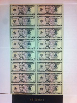16 Uncut Sheet $5x16 Legal Usa 5 Dollar Bills - Real Currency Note - Rare Money Gift photo