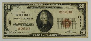 1929 $20 Twenty Dollar National Currency Banknote Mt.  Clemens Michigan 12971 photo