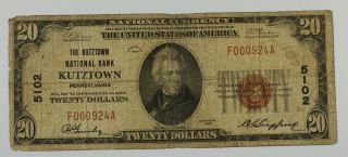 1929 $20 Twenty Dollar National Currency Banknote Kutztown Pa 5102 photo