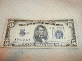 Vintage United States Of America Five Dollar Bill/note 1934 C Blue Seal Series photo