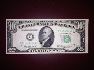 1950a $10 Ten Dollar Federal Reserve Note Bill.  Crisp Almost Uncirculated. photo