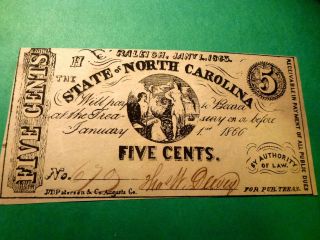 1863 State Of North Carolina Obsolete Civil Wa Rera 5c Note Paper Unc Antique photo