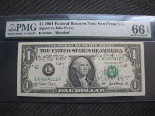2001 $1 Gem Unc Signed By John Moxey - Pmg 66 Autographed Currency photo