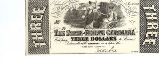 1863 State Of North Carolina Obsolete Civilwar Era $3 Note Watermarked (five) photo