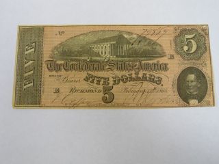 1864 $5 Dollars Treasury Va Richmond Confederate Bank Note 3433 photo