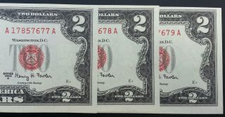 3 Sequential Consecutive 1963a $2 Dollar Bill Red Seal Crisp Uncirculated Gems photo