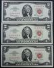 3 Sequential Consecutive 1963a $2 Dollar Bill Red Seal Crisp Uncirculated Gems Small Size Notes photo 1