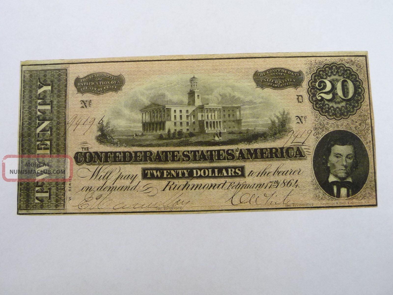 1864 $20 Va Treasury Richmond Confederate Note 3441 Paper Money: US photo