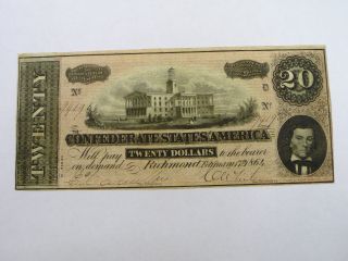 1864 $20 Va Treasury Richmond Confederate Note 3441 photo