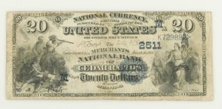 1882 $20 National Currency Note U.  S.  Bill Merchants Bank Cedar Rapids Usn - 1023 photo