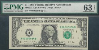 $1 1988==two - Digit Serial==number 34==a00000034b==pmg Ch Unc 63 Epq photo