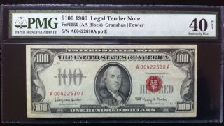 1966 $100 Legal Tender Red Seal Bank Note - Pmg 40 Net Choice Extremely Fine photo