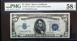 1934a $5 Silver Certificate Note - Sharp - Pmg Graded As 58 Epq Choice About Unc photo