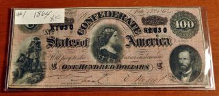 Civil War Relic Confederate $100 Bill Dated Feb.  17th,  1864 Extra Fine photo