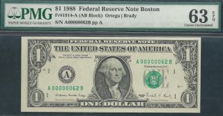 $1 1988==two - Digit Serial==number 62==a00000062b==pmg Ch Unc 63 Epq photo