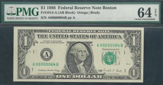 $1 1988==two - Digit Serial==number 63==a00000063b==pmg Ch Unc 64 Epq photo