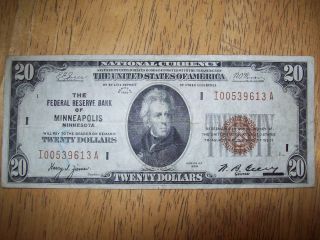 1929 $20 National Currency The Federal Reserve Bank Of Minneapolis Minnesota photo