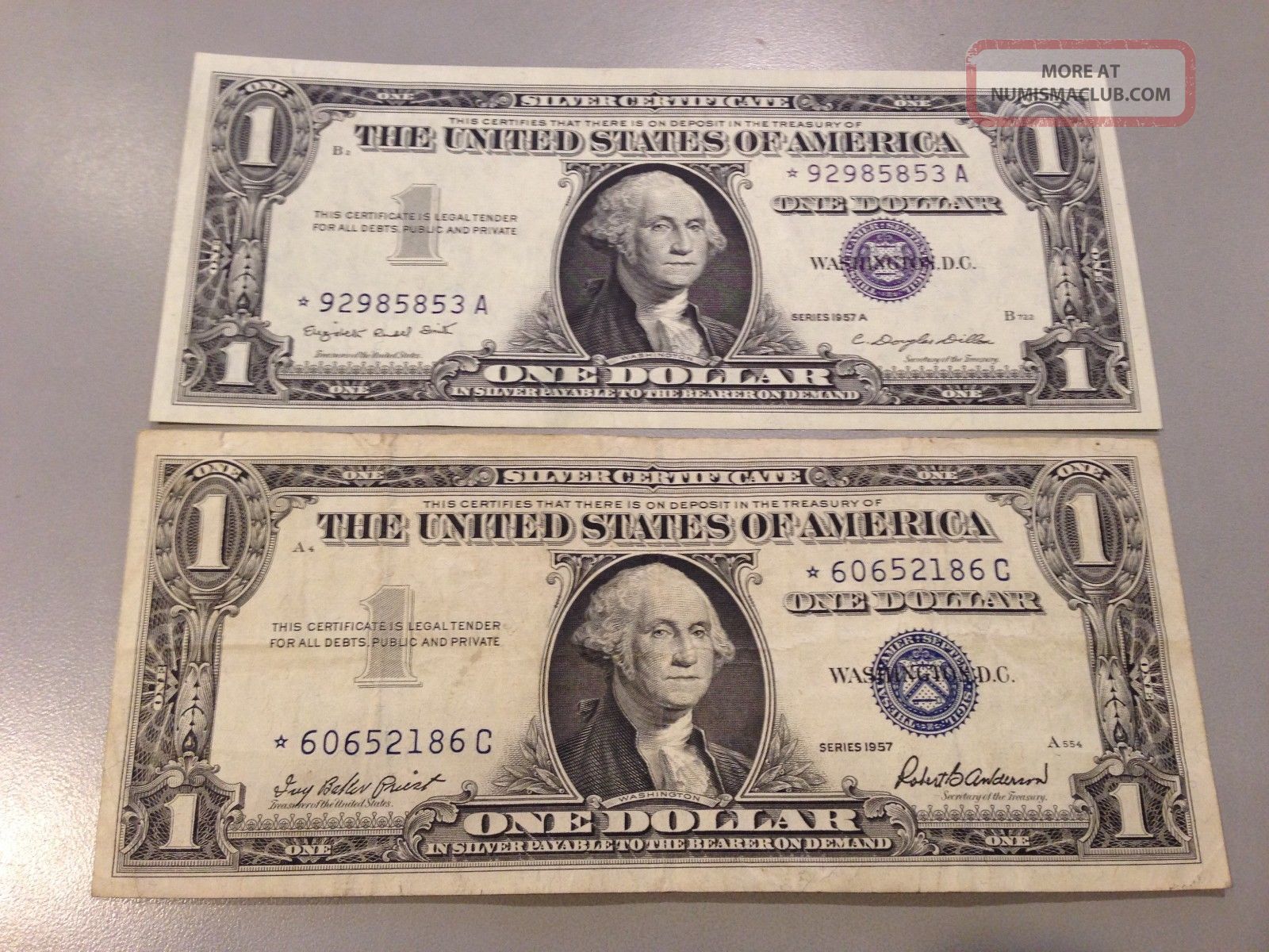 2 1957 Silver Certificate One Dollar Bill #39 S Washington Note #39 S