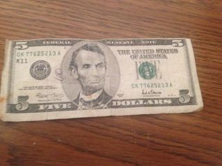 2001 $5.  00 Usa Dollar - Error - Off Center Miscut - Us Note - Paper Money photo
