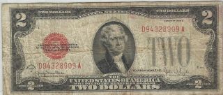 Series 1928 - G Us Note $2 Bill Tough Date Vg - F photo