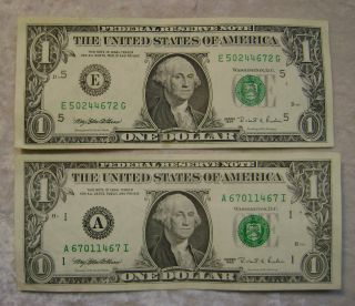 2 X 1995 One ($1) Dollar Usa Federal Reserve Note Circulated photo
