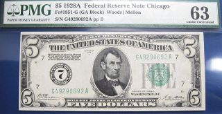 1928a $5 Federal Reserve Note F1951g Pmg63 photo