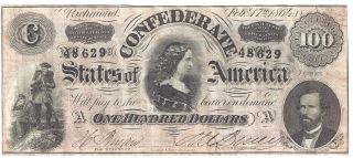 $100 Richmond Confederate Note February 17,  1864 Us Currency Fr.  Cs - 56 photo