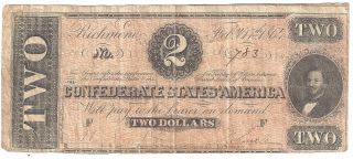 $2 Dollar Richmond Confederate Note February 17,  1864 Us Currency Vg photo