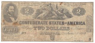 $2 Dollar Richmond Confederate Note June 2,  1862 Us Currency photo