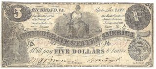 $5 Dollar Confederate Note September 2,  1861 Vg Fr.  Cs - 36 Us Currency photo