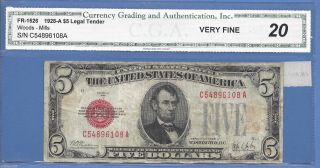 1928 - A $5 United States Note Fr 1526 C.  G.  A.  Very Fine photo