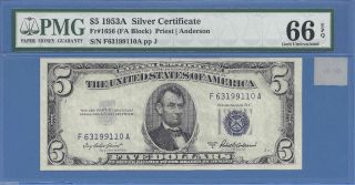 1953 - A $5 Silver Certificate Fr 1656 Gem Uncirculated Pmg 66 Epq photo