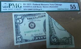 Incredible Foldover Error On Pmg Au55 1977 $5 Bill Frn W/mismatched Serial S photo