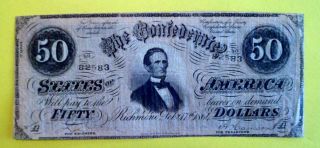 1864 $50.  00 Confedeate States Of America Red Cancel photo