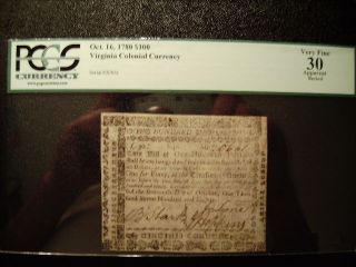 1780 Virginia Colonial Currency $100 Dollars Pcgs Certified Vf30 photo