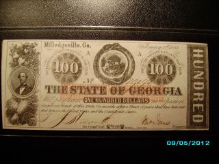 Two 1863 $100 The State Of Georgia,  Milledgeville Civil War Era Authentic photo